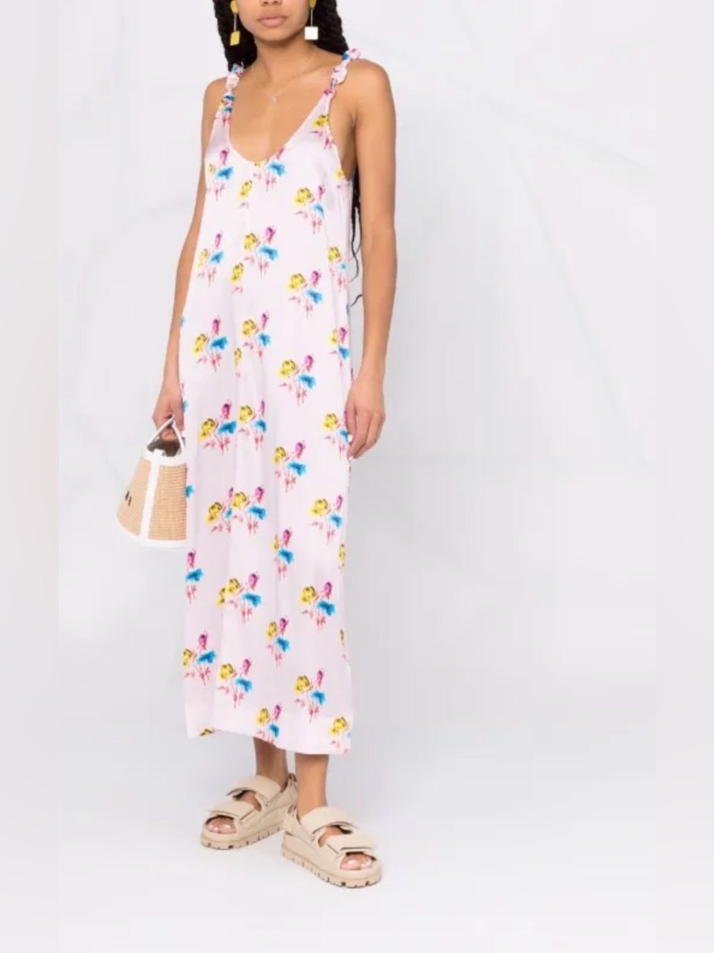 GANNI Floral Silk Stretch Satin Slip Midi Dress Pink Flaws As-Is